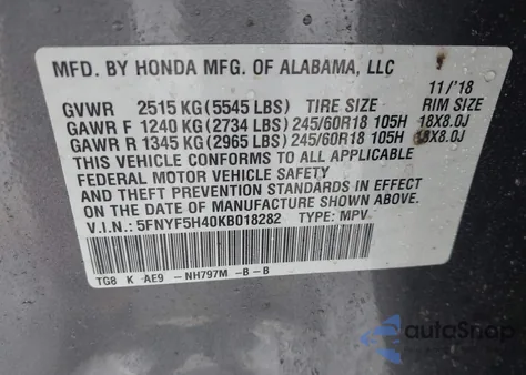 2019 Honda Pilot Ex-L z USA, uszkodzony, nr VIN 5FNYF5H40KB018282